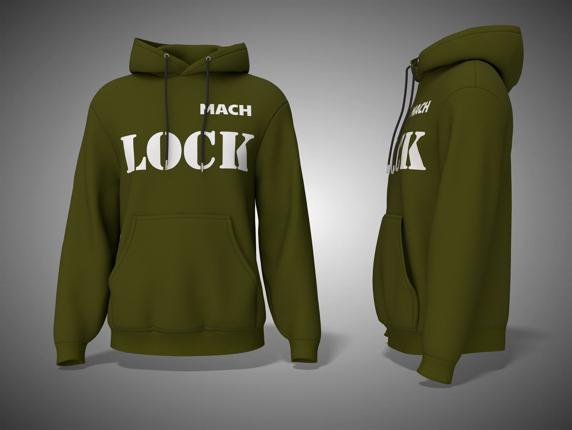 Olive Green hoodie with 'MACH LOCK' text on a gray background
