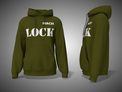 Olive Green hoodie with 'MACH LOCK' text on a gray background