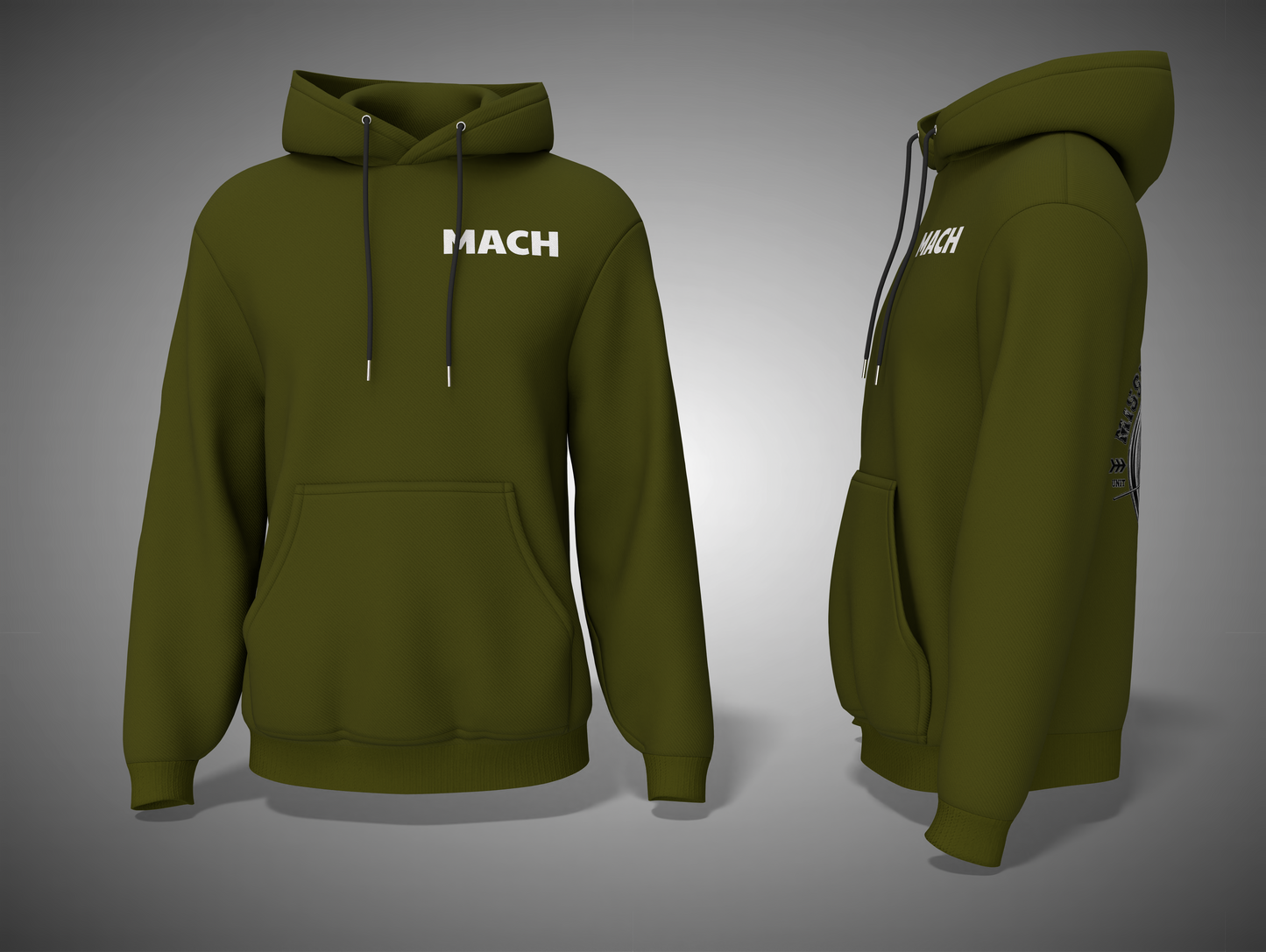 Olive Green hoodie with 'MACH' branding on a gray background