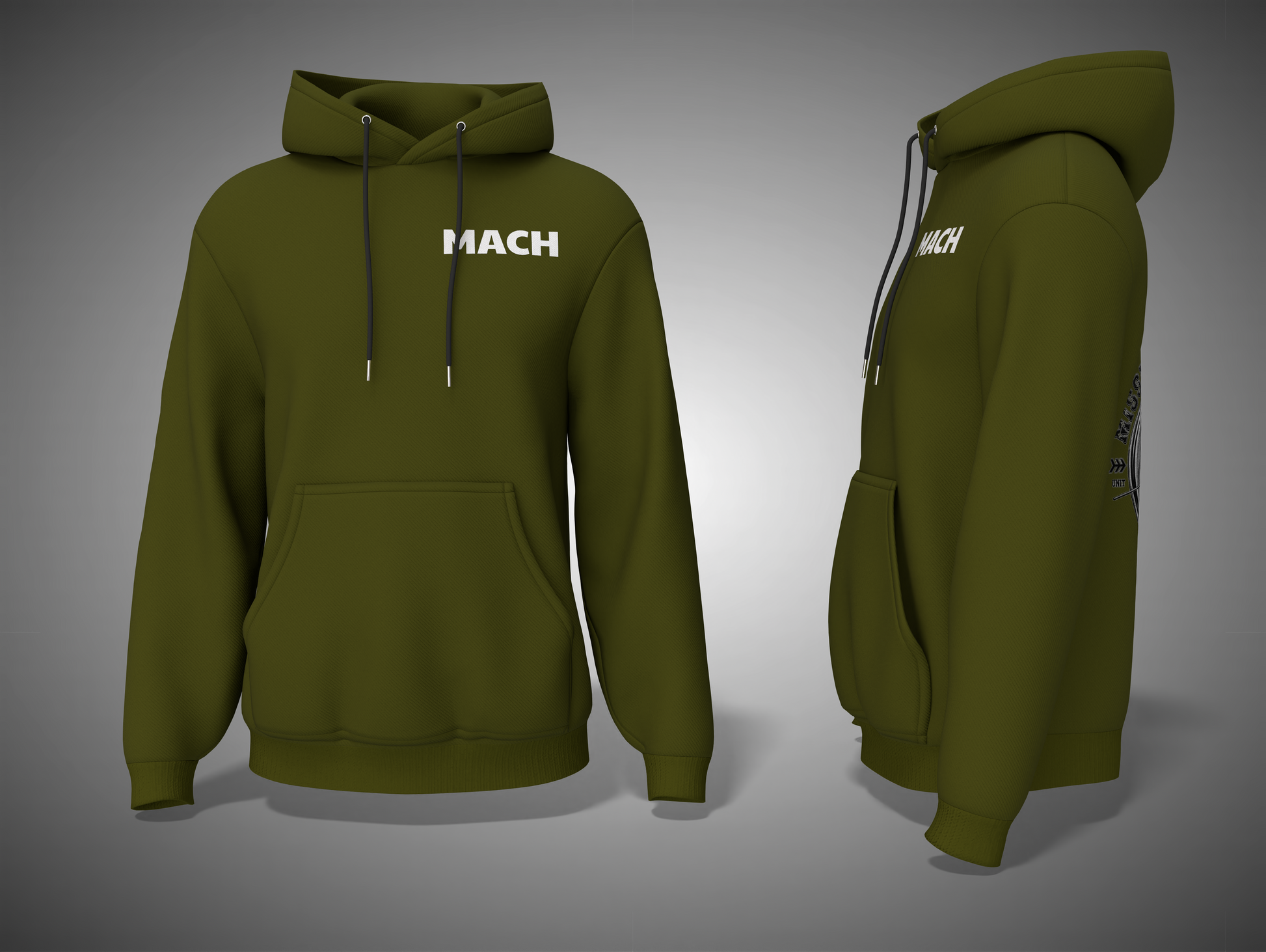 Olive Green hoodie with 'MACH' branding on a gray background
