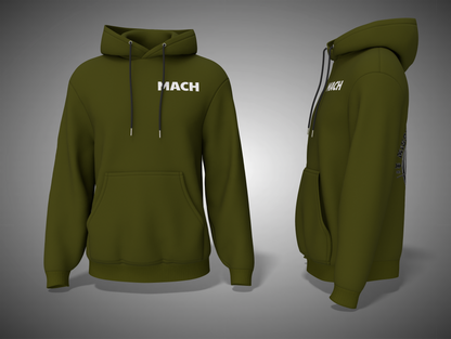 Olive Green hoodie with 'MACH' branding on a gray background