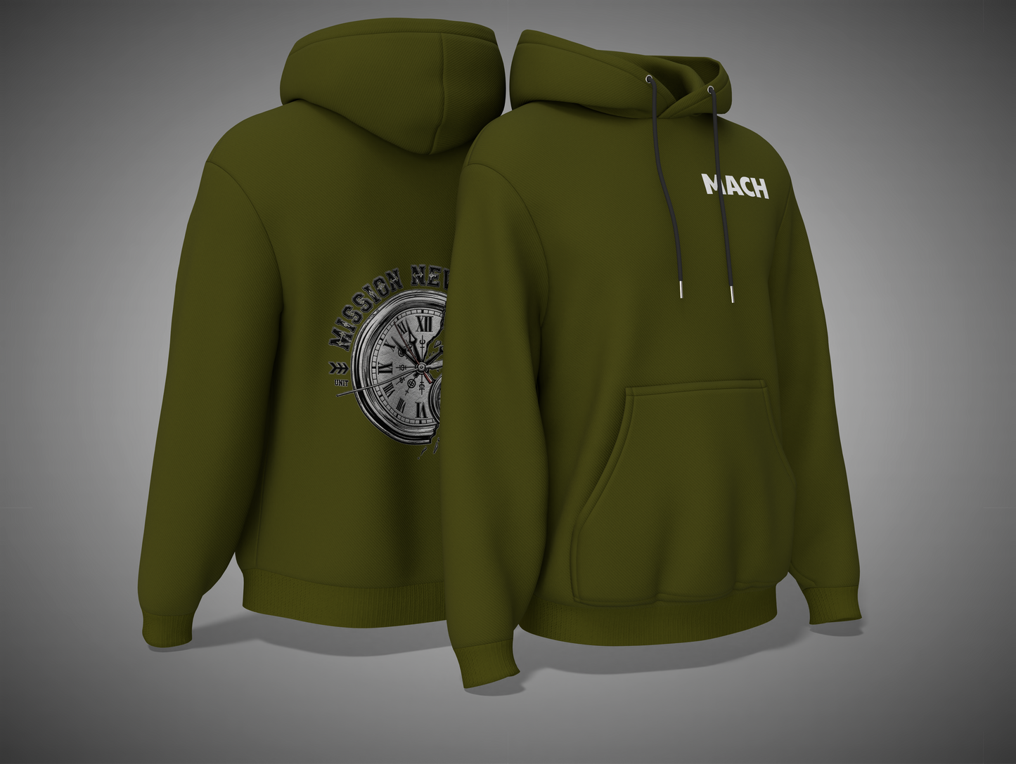 Olive Green hoodie with clock design on the back and 'MACH' branding on the front, shown from front and back views.