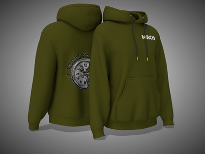Olive Green hoodie with clock design on the back and 'MACH' branding on the front, shown from front and back views.
