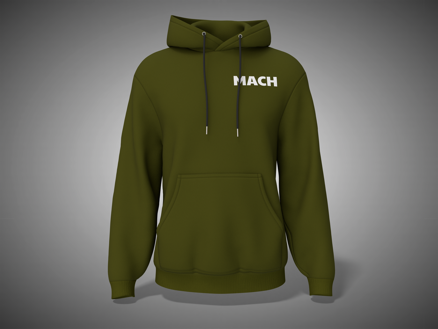 Olive Green hoodie with 'MACH' branding on a gray background