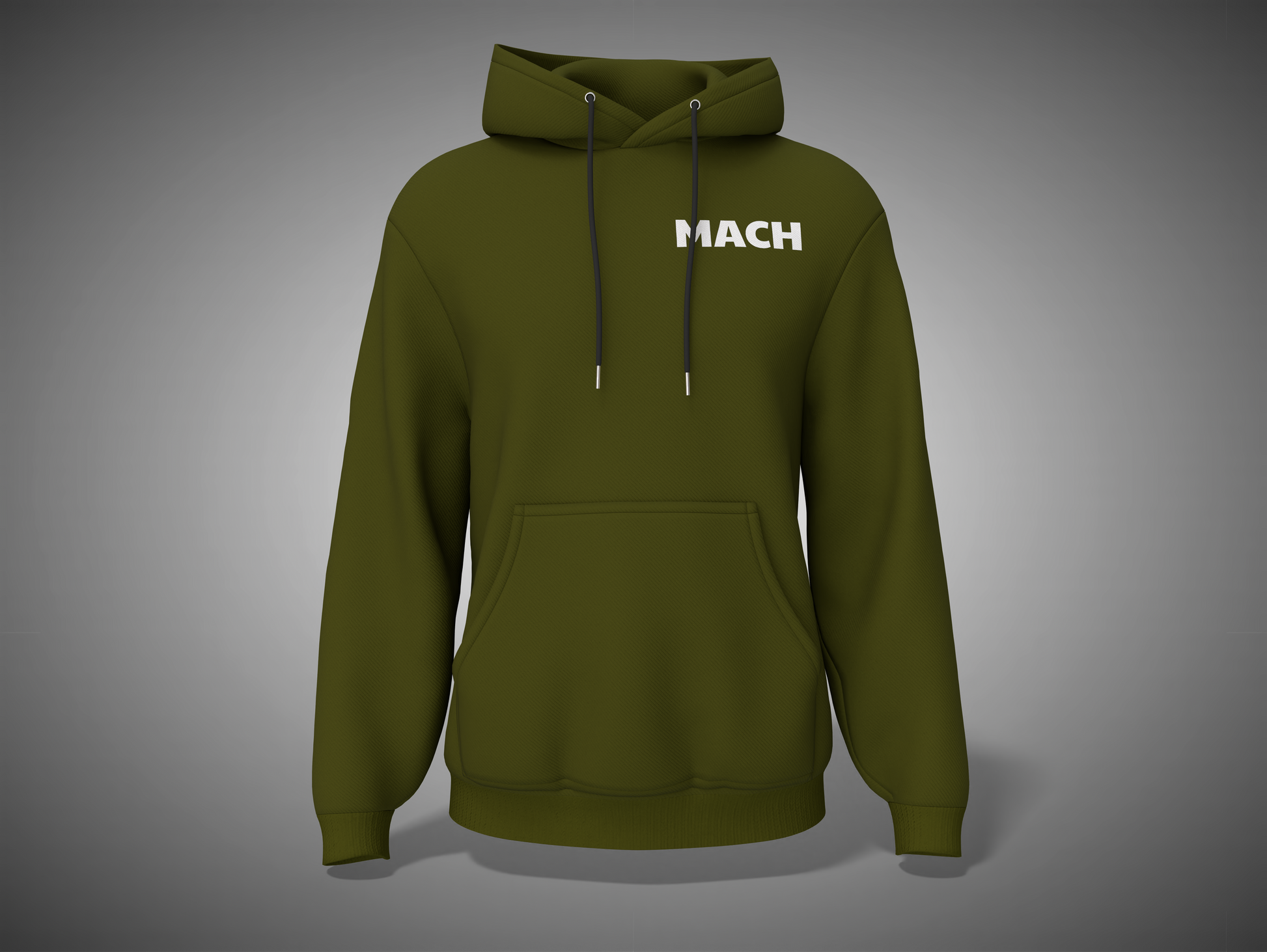 Olive Green hoodie with 'MACH' branding on a gray background