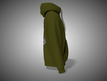 Olive Green hoodie with a logo on the chest against a gray background