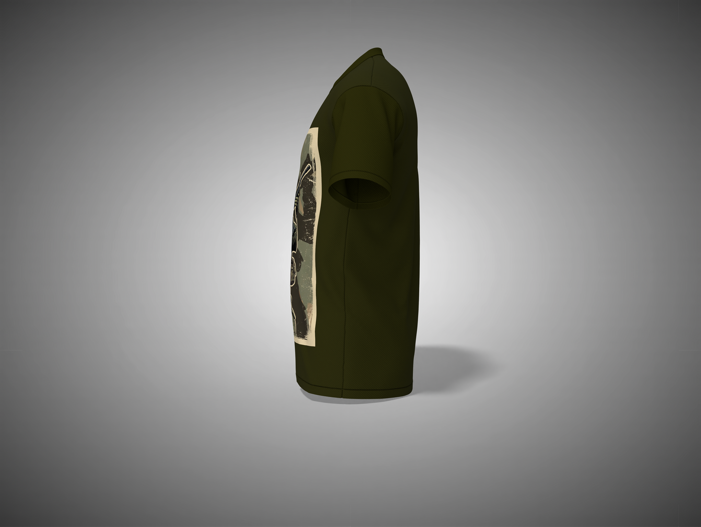 Olive Green t-shirt with a graphic design on a gray background