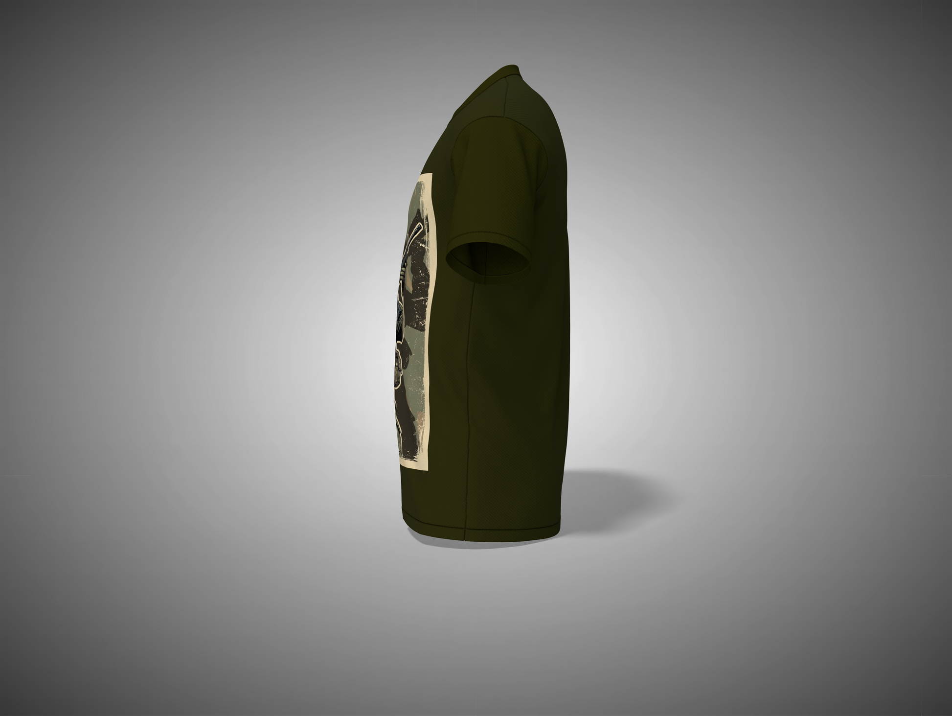 Olive Green t-shirt with a graphic design on a gray background