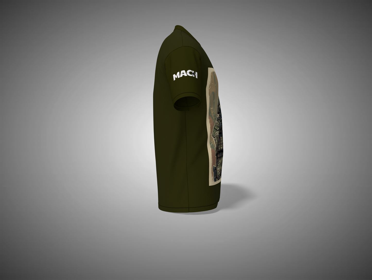 Olive Green t-shirt with a logo on a gray background