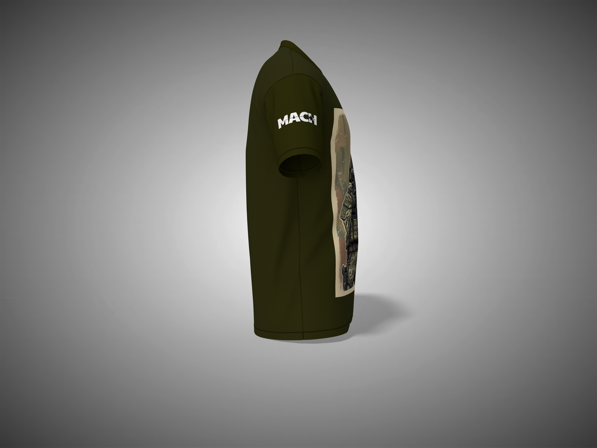 Olive Green t-shirt with a logo on a gray background