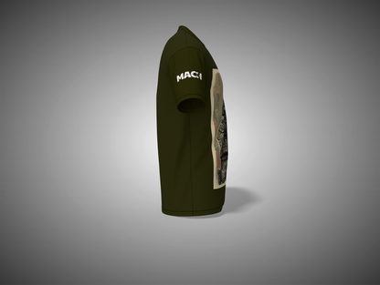 Olive Green t-shirt with a logo on a gray background