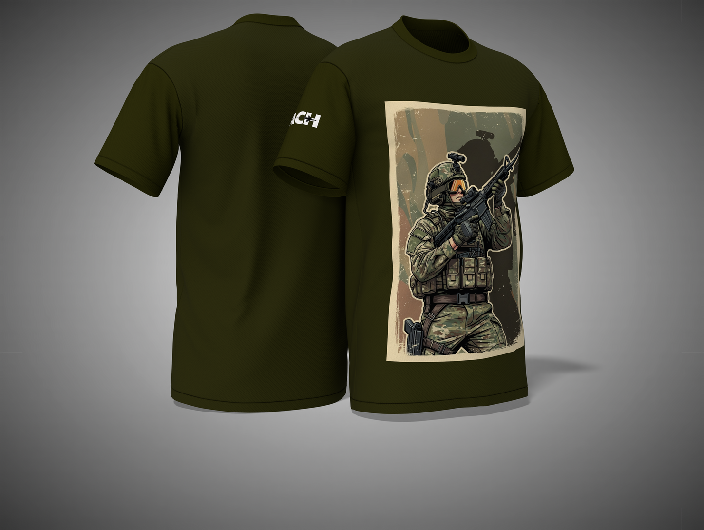 Olive Green t-shirt with a graphic of a soldier on the front in a gray background.