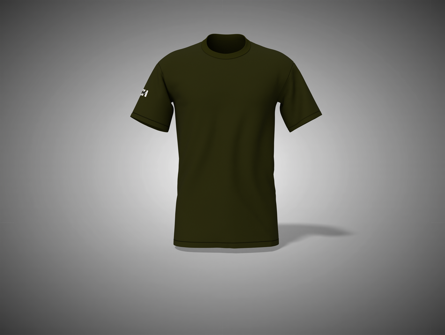 Olive green t-shirt on a gray background