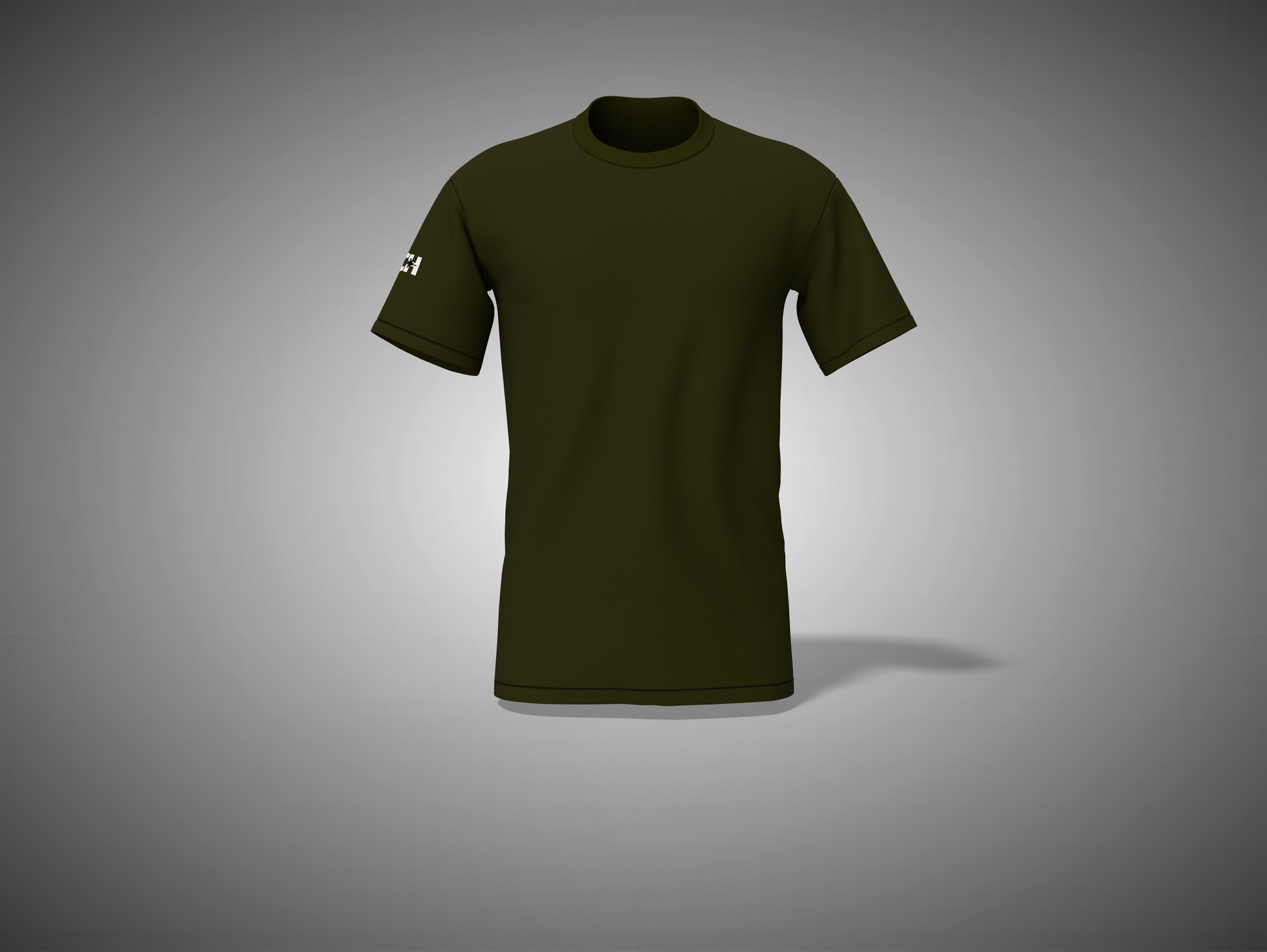 Olive green t-shirt on a gray background
