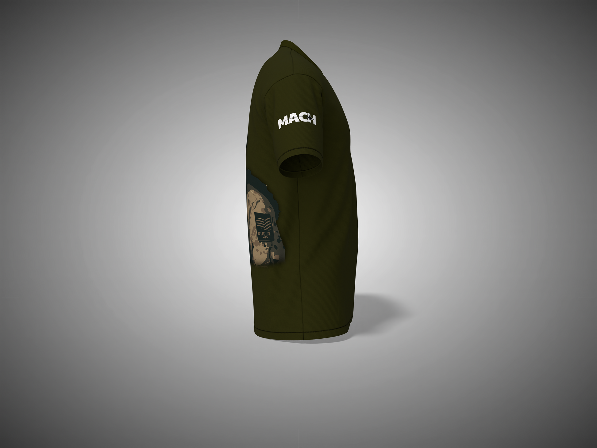 Olive green hoodie with camouflage pattern on sleeve against a gray background