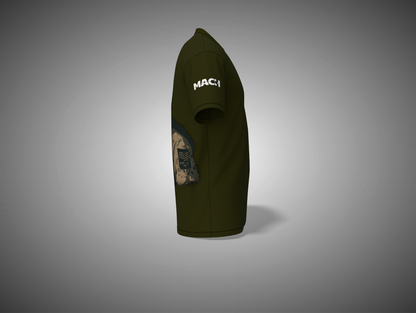 Olive green hoodie with camouflage pattern on sleeve against a gray background