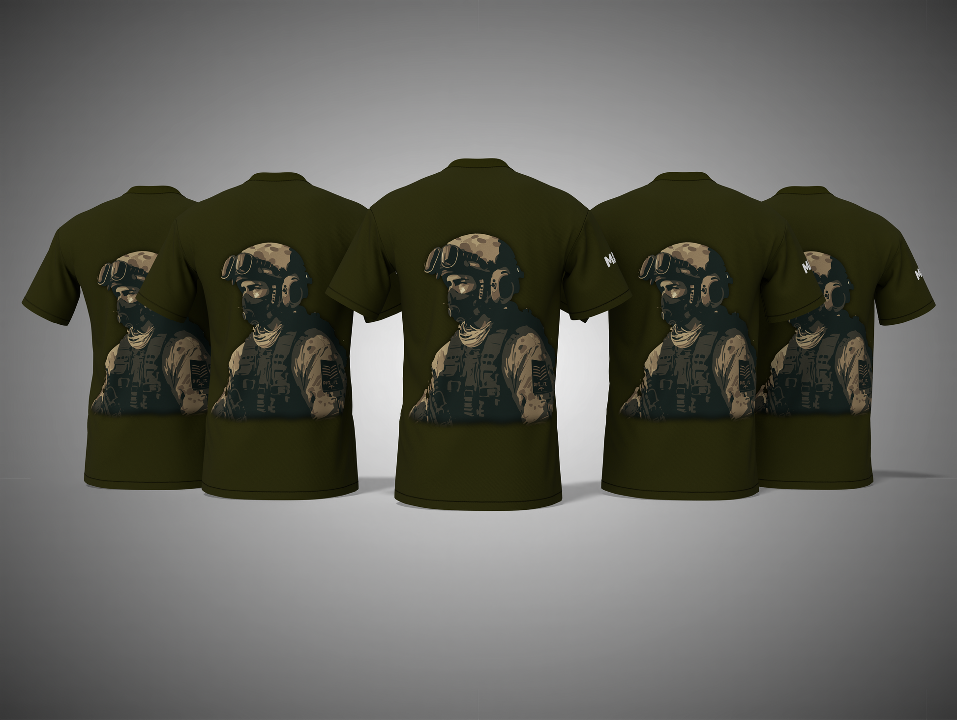 Olive green t-shirts with a printed design on the back against a gray background