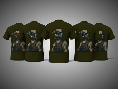 Olive green t-shirts with a printed design on the back against a gray background