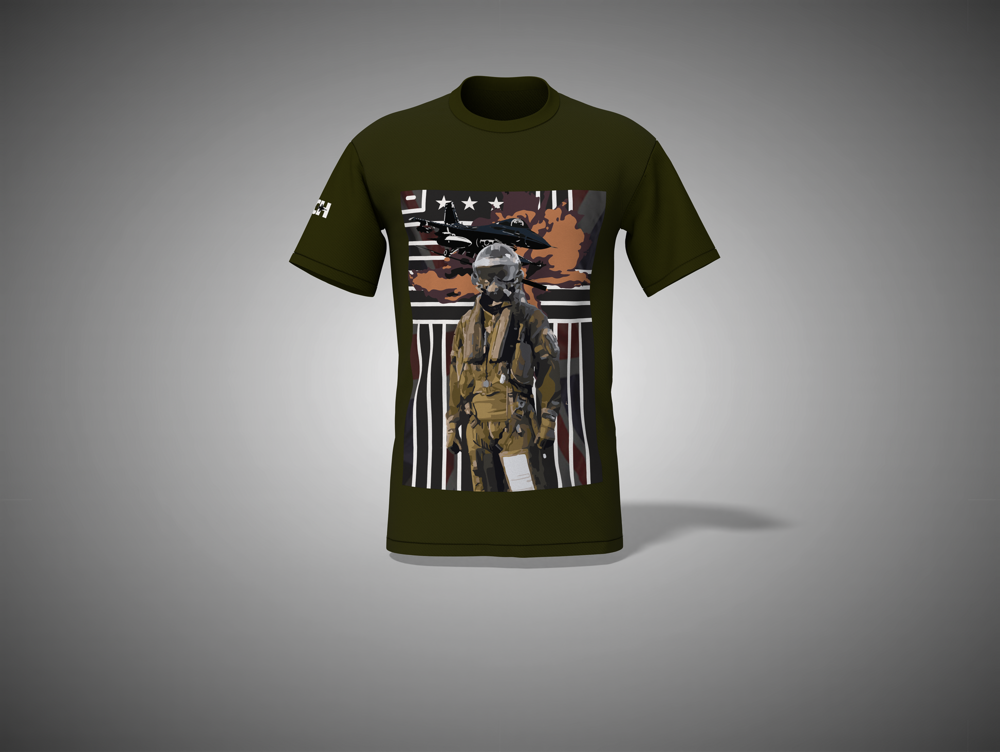 Olive Green t-shirt with a graphic design of a soldier and American flag on a gray background