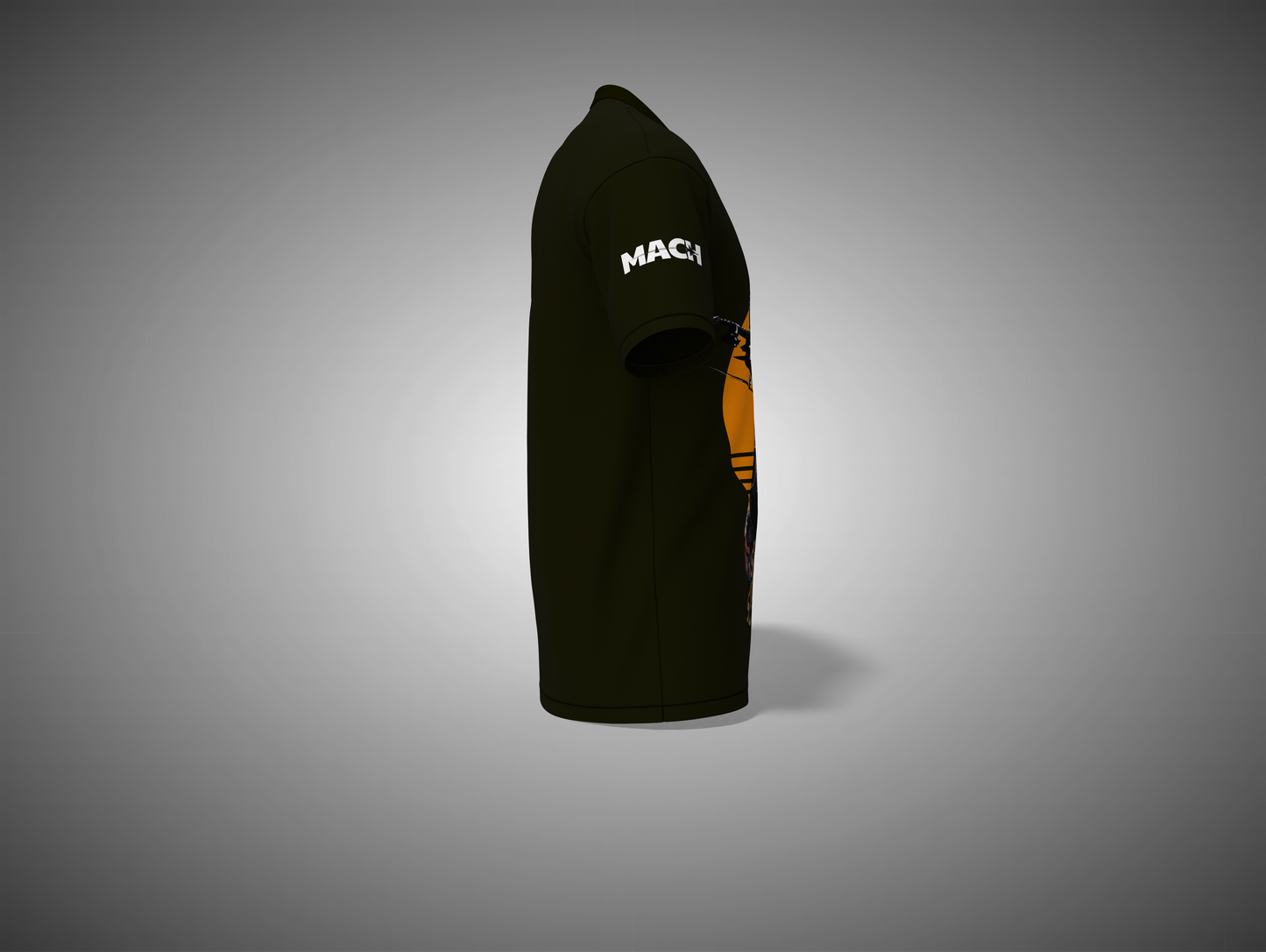 Olive green t-shirt with a logo on the sleeve against a gray background