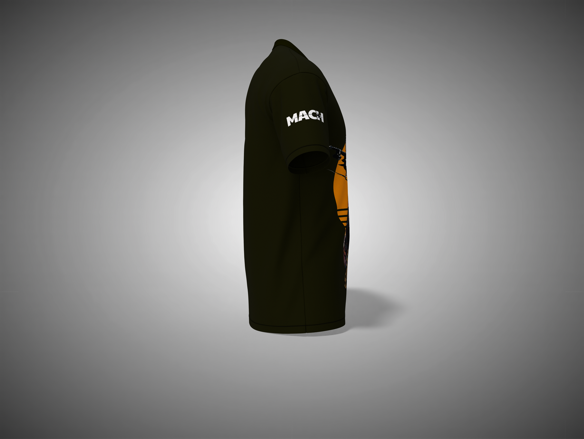 Olive green t-shirt with a logo on the sleeve against a gray background