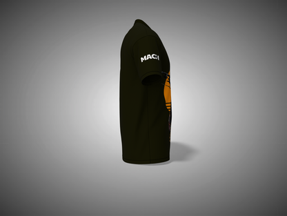 Olive green t-shirt with a logo on the sleeve against a gray background