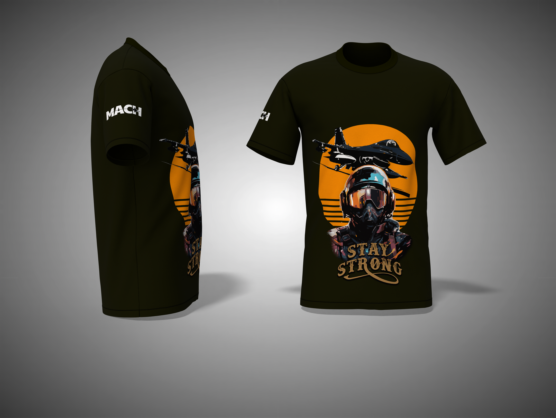 Olive green t-shirt with military-themed design featuring a pilot and airplane on a gray background