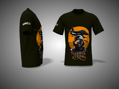 Olive green t-shirt with military-themed design featuring a pilot and airplane on a gray background