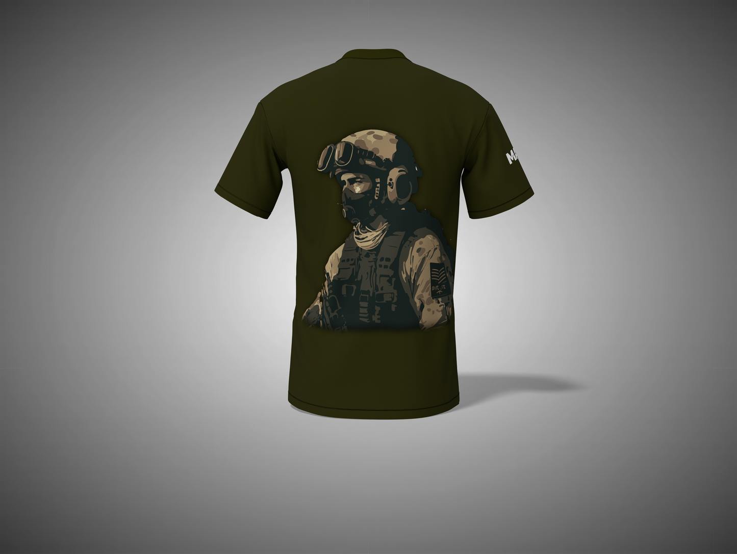 Olive green t-shirt with a graphic of a soldier on the back against a gray background