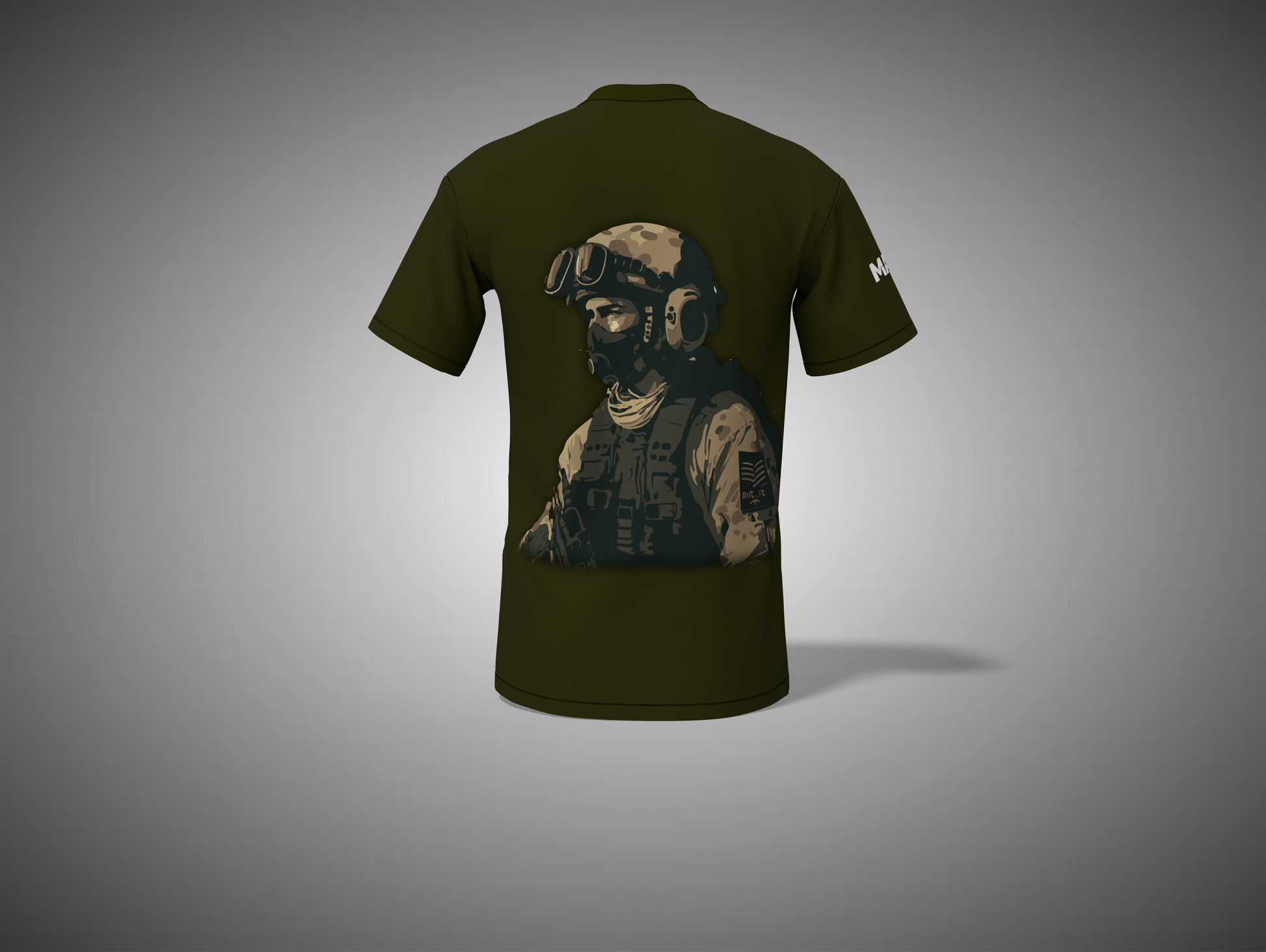 Olive green t-shirt with a graphic of a soldier on the back against a gray background