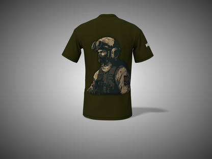 Olive green t-shirt with a graphic of a soldier on the back against a gray background