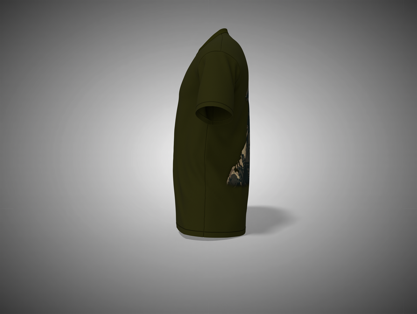 Olive green tshirt with a small graphic on a gray background