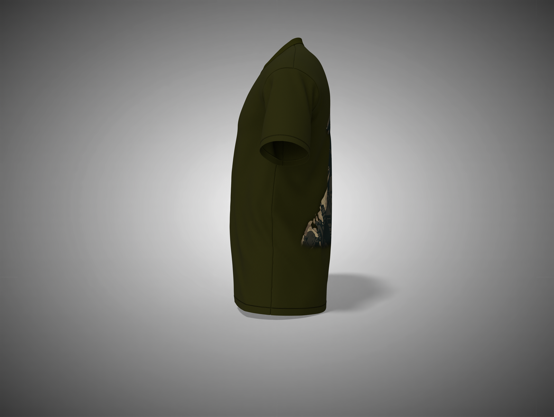 Olive green tshirt with a small graphic on a gray background