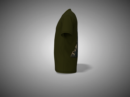 Olive green tshirt with a small graphic on a gray background