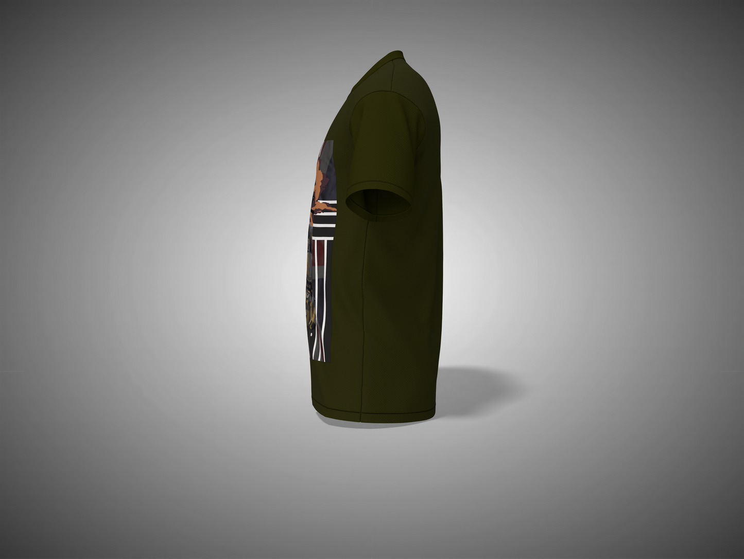 Olive Green t-shirt with a graphic design on a gray background