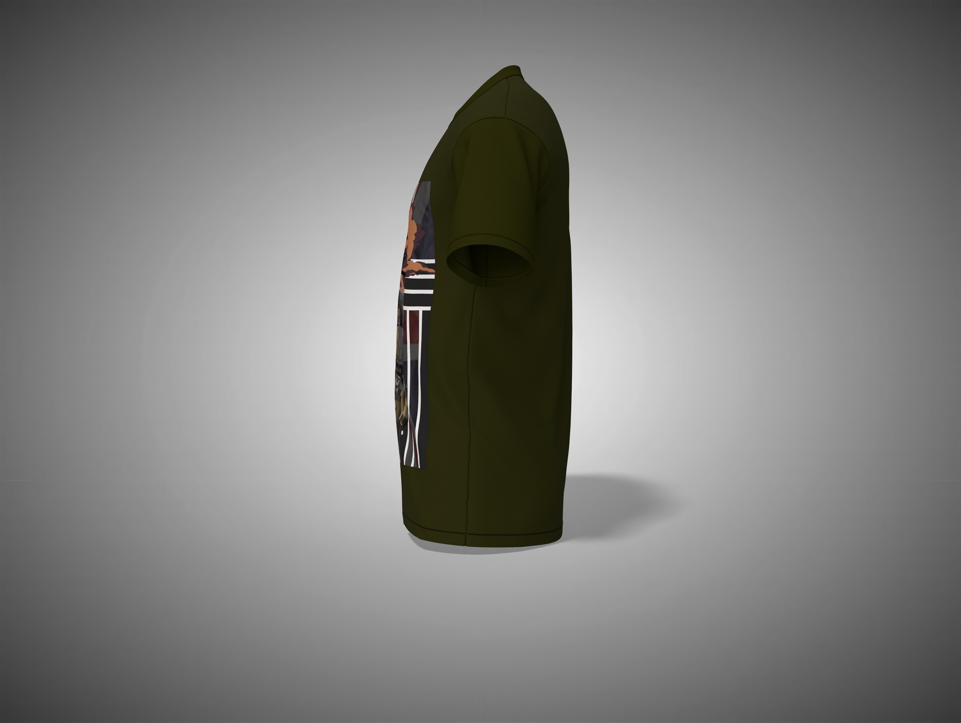 Olive Green t-shirt with a graphic design on a gray background