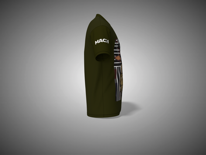 Olive Green hoodie with branding on a gray background