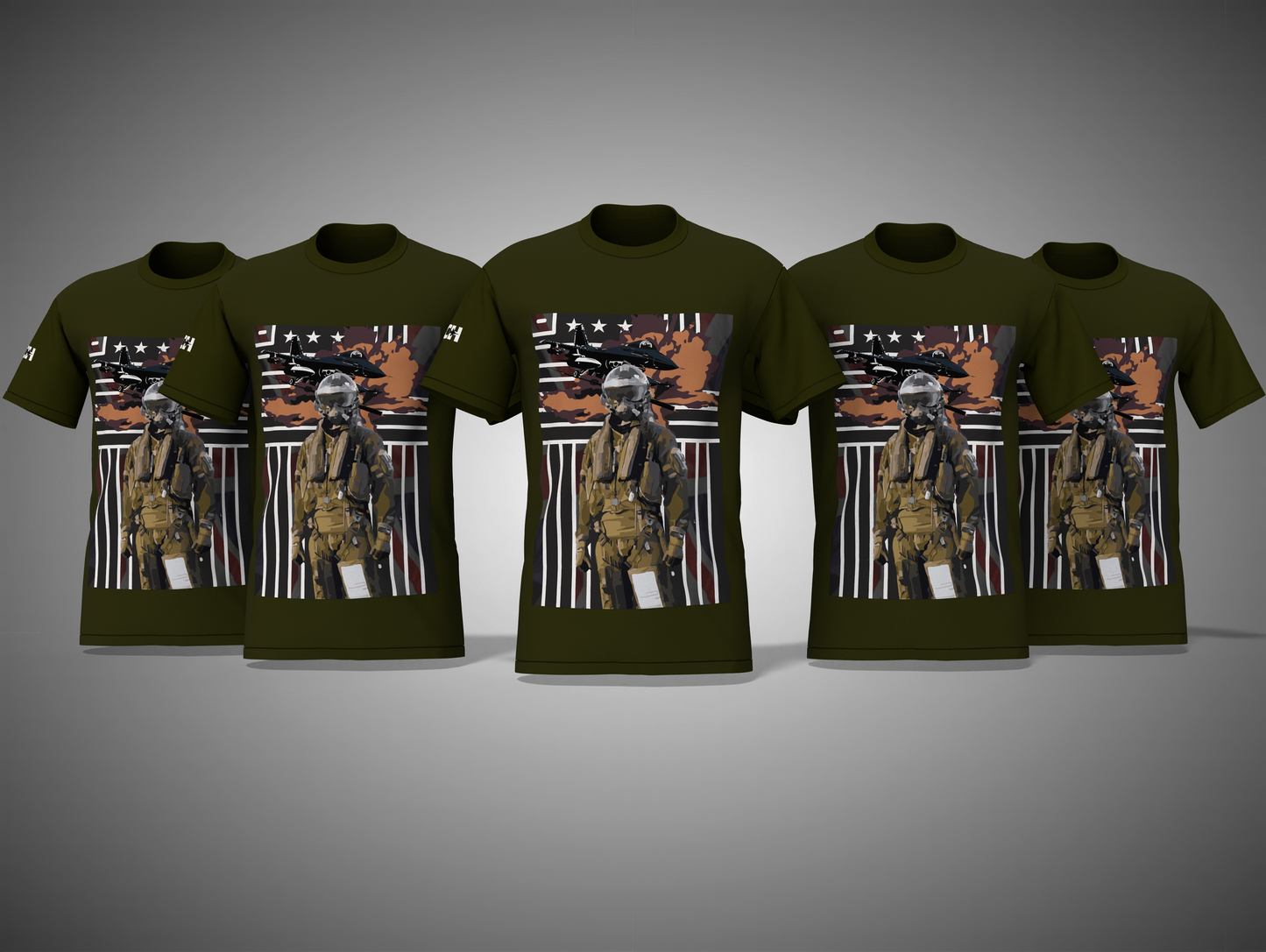 Olive Green t-shirts with a graphic of a person in tactical gear on a gray background