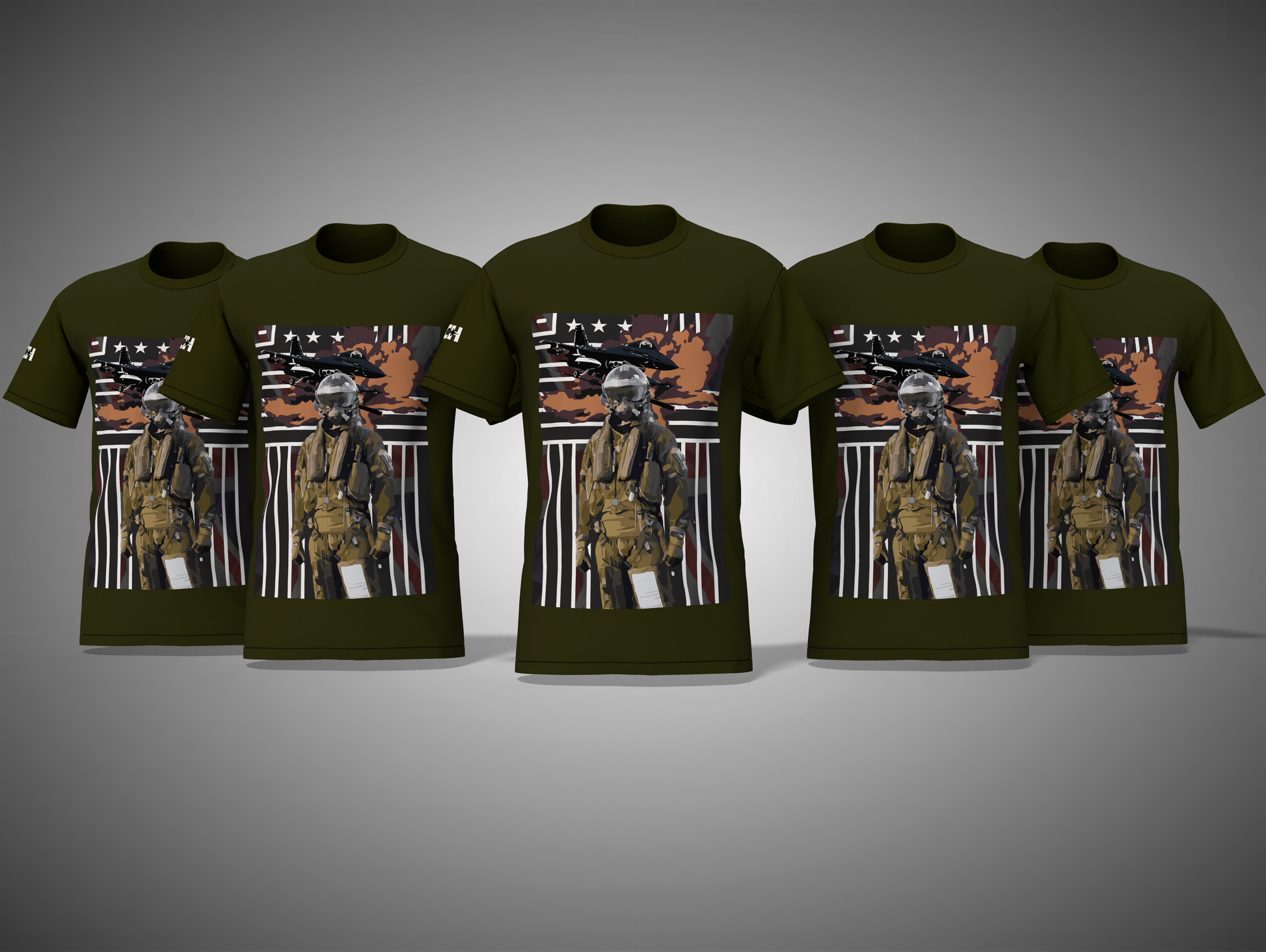 Olive Green t-shirts with a graphic of a person in tactical gear on a gray background