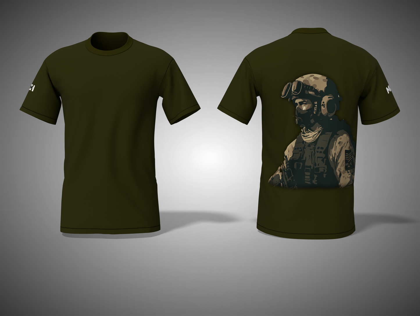 Olive green t-shirt with a graphic of a soldier on the back, displayed front and back.