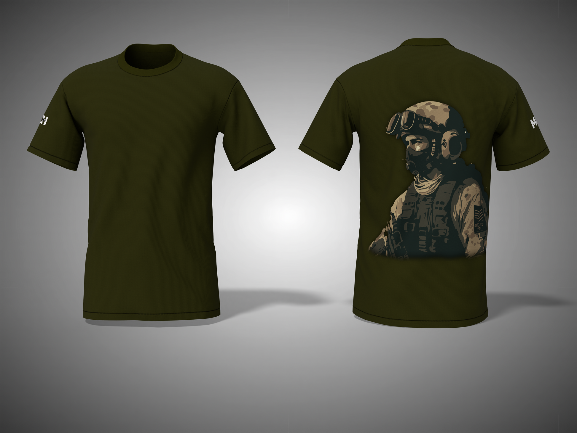 Olive green t-shirt with a graphic of a soldier on the back, displayed front and back.