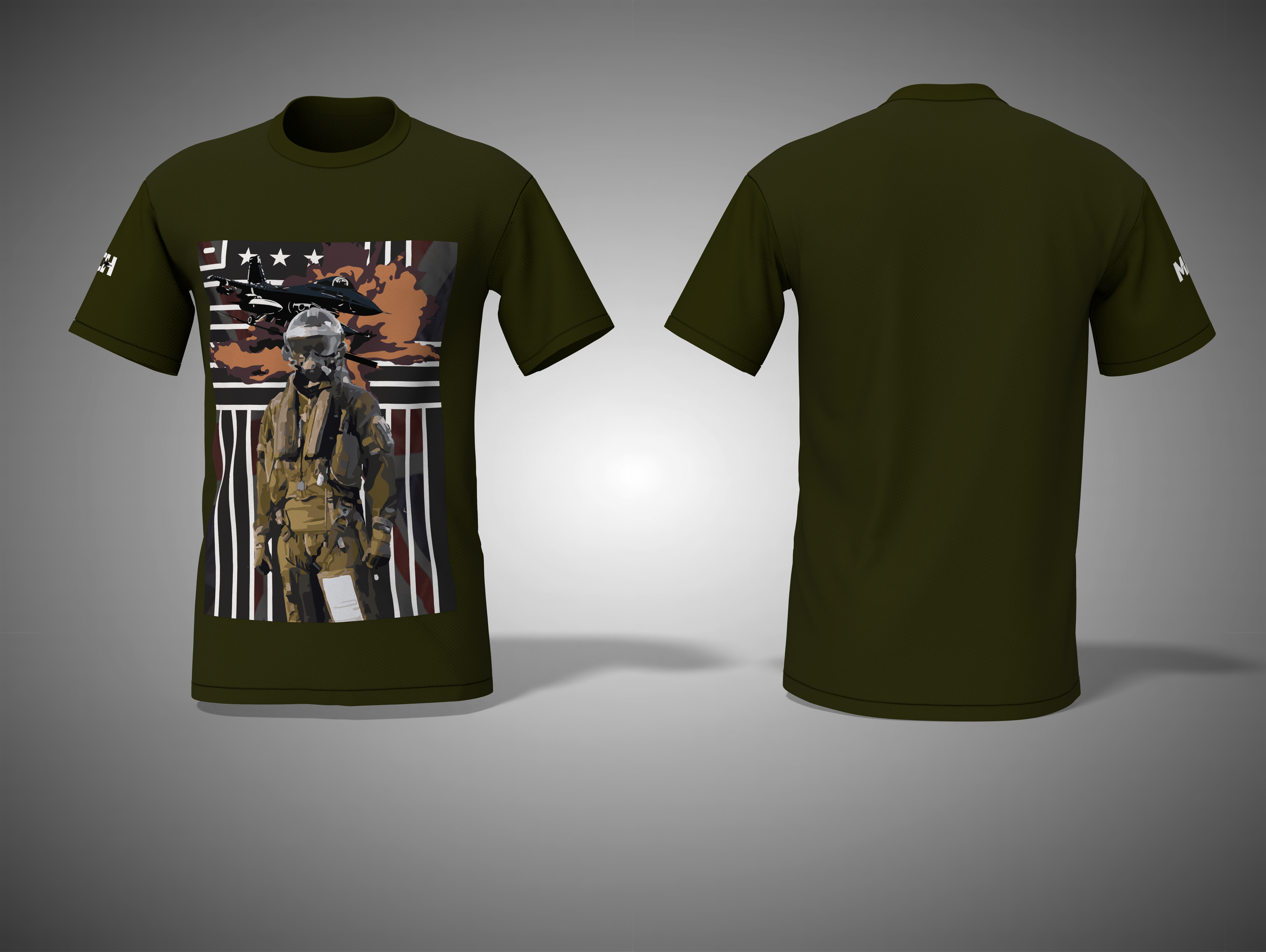 Olive Green t-shirt with a graphic design of a person in military gear on a gray background