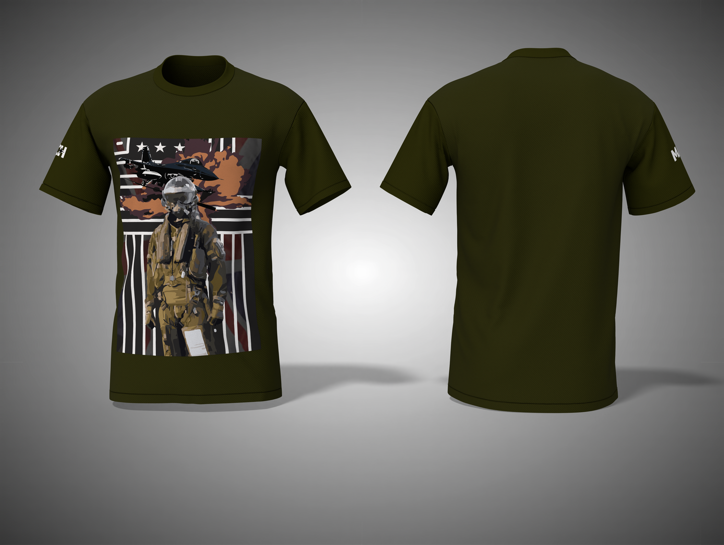 Olive Green t-shirt with a graphic design of a person in military gear on a gray background