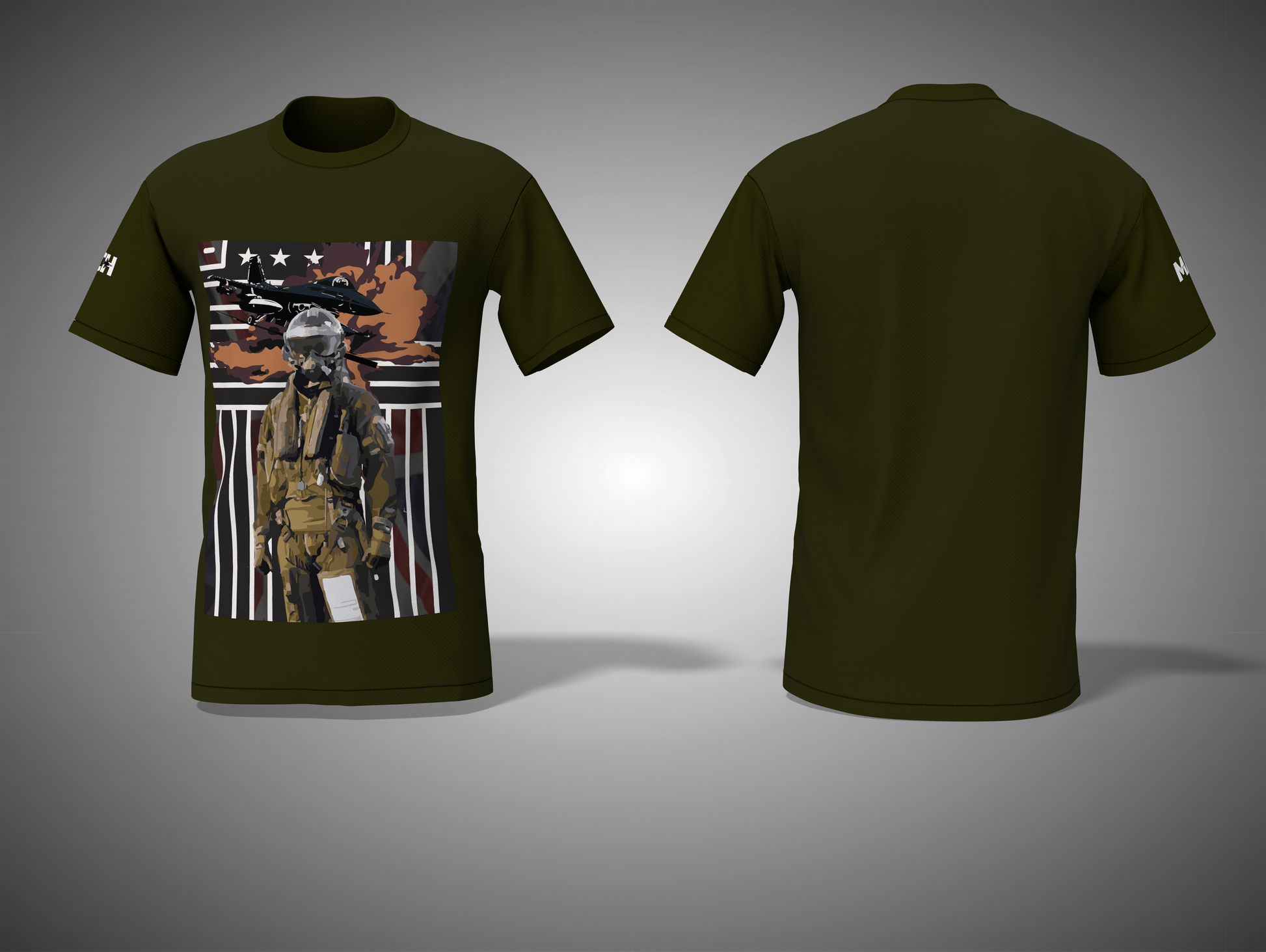 Olive Green t-shirt with a graphic design of a person in military gear on a gray background