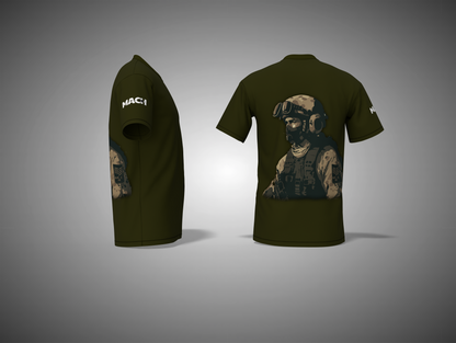 Olive green t-shirt with graphic design on a gray background