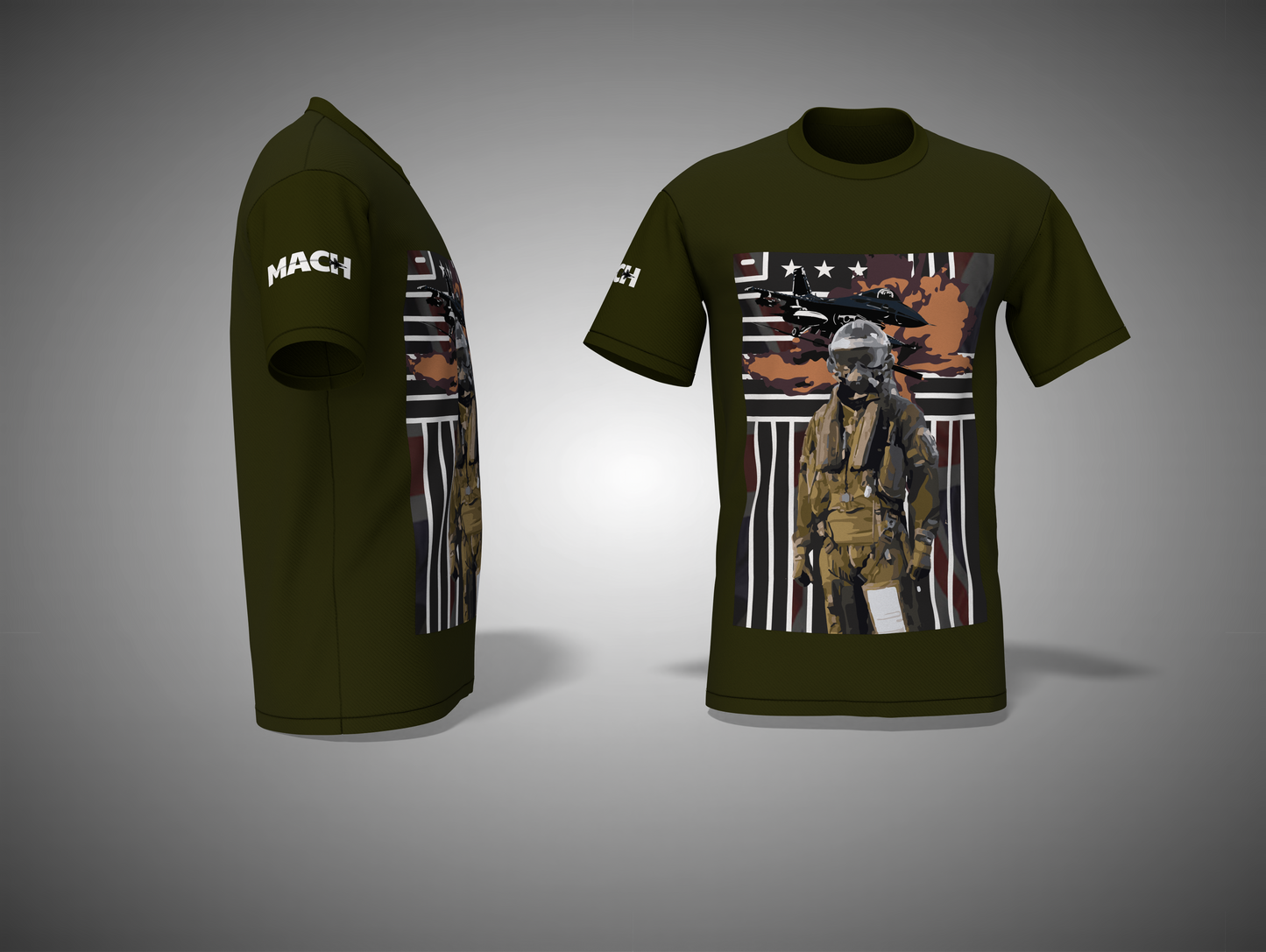 Olive Green t-shirt with graphic design of a soldier and text on a gray background