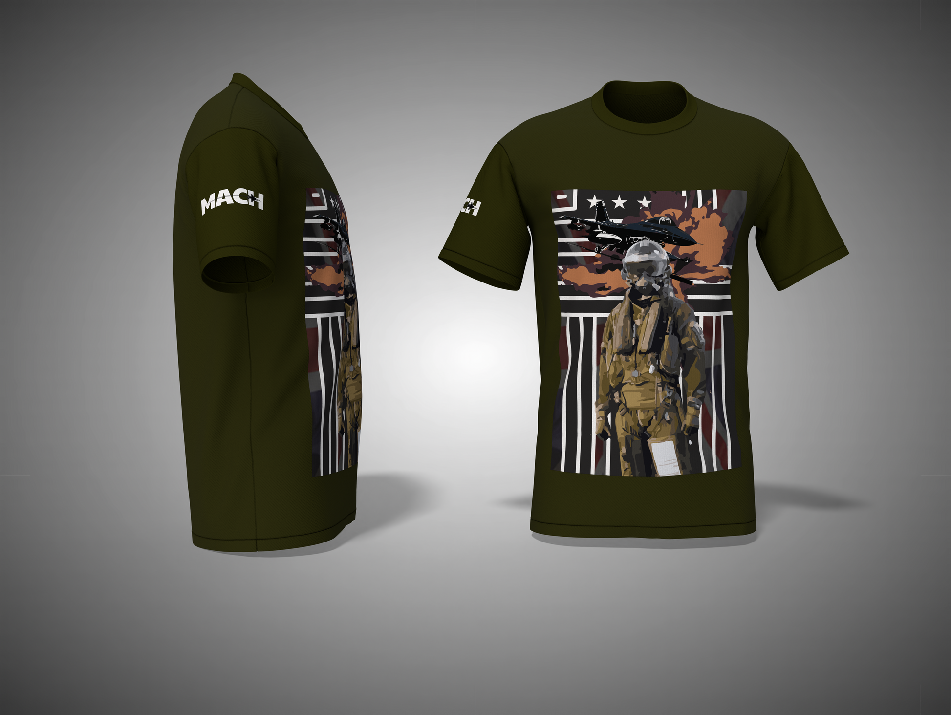 Olive Green t-shirt with graphic design of a soldier and text on a gray background