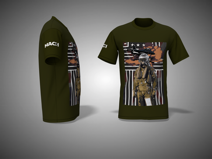 Olive Green t-shirt with graphic design of a soldier and text on a gray background