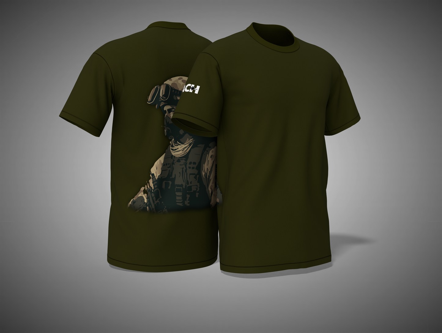 Olive green t-shirt with a graphic of a soldier on the back, displayed on a gray background