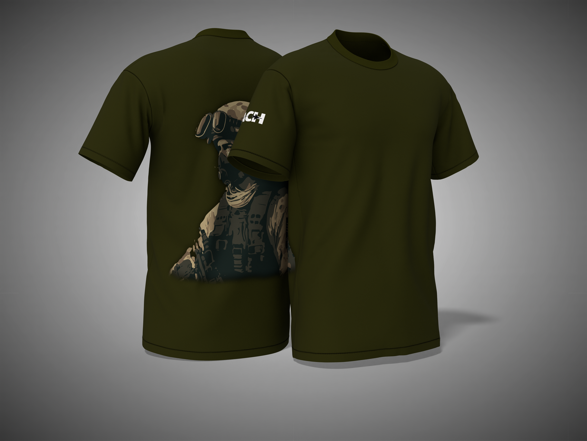 Olive green t-shirt with a graphic of a soldier on the back, displayed on a gray background
